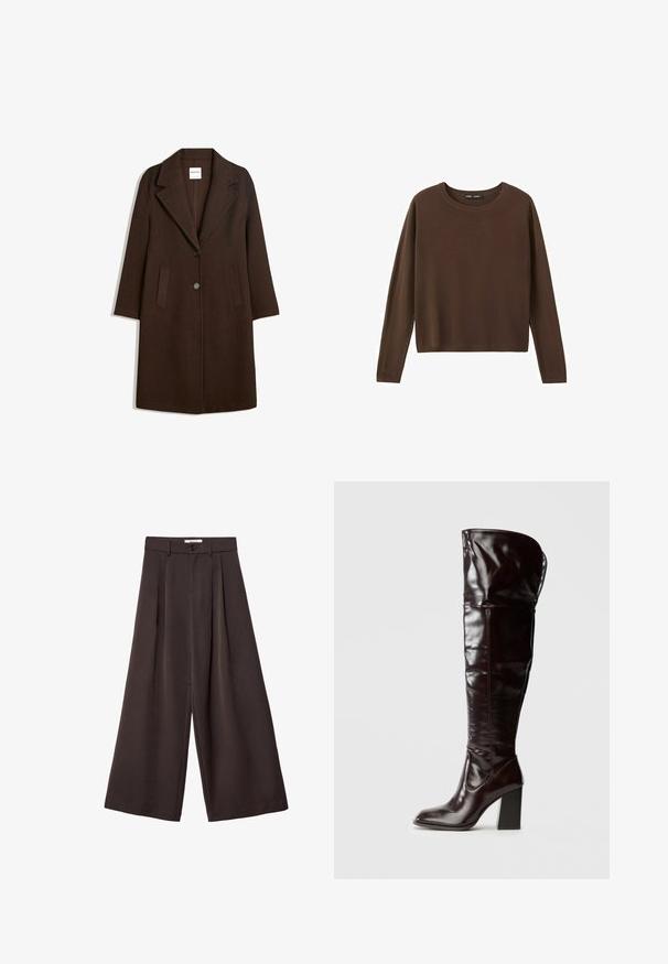 Long manteau en laine marron foncé avec de larges revers, deux poches avant et deux boutons au centre devant.; Pull marron à manches longues avec un col rond, un design simple et uni, et un col, des poignets et un ourlet côtelés.; Pantalon à jambes larges en tissu brun foncé, avec des plis, une fermeture par bouton, et une texture lisse ; longueur cheville avec une coupe ajustée.; Bottes en cuir bordeaux glacé montant jusqu'au genou, avec un bout carré et un talon bloc, présentant un design ample et des détails de couture minimalistes.