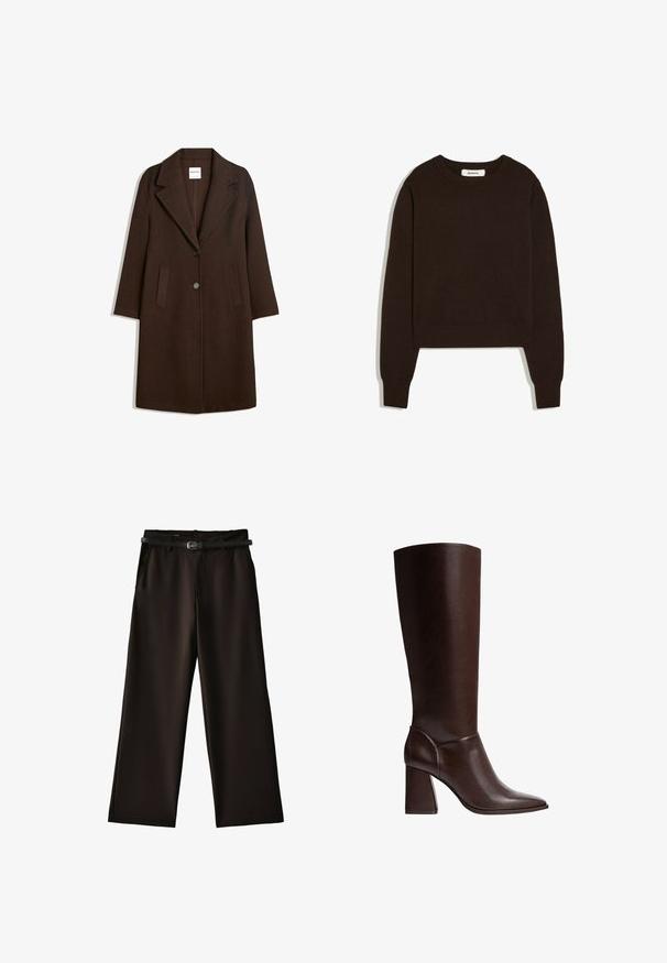 Long manteau en laine marron foncé avec de larges revers, deux poches avant et deux boutons au centre devant.; Pull en maille marron foncé à manches longues avec poignets, ourlet et encolure ronde côtelés, posé à plat sur fond blanc.; Pantalon noir à jambes larges avec poches avant et une ceinture noire fine, présenté sur fond blanc.; Botte en cuir marron, montant jusqu'au genou, avec un bout pointu et un talon bloc, présentant une texture lisse et un design élégant. Broderies accentuées au niveau de la cheville.