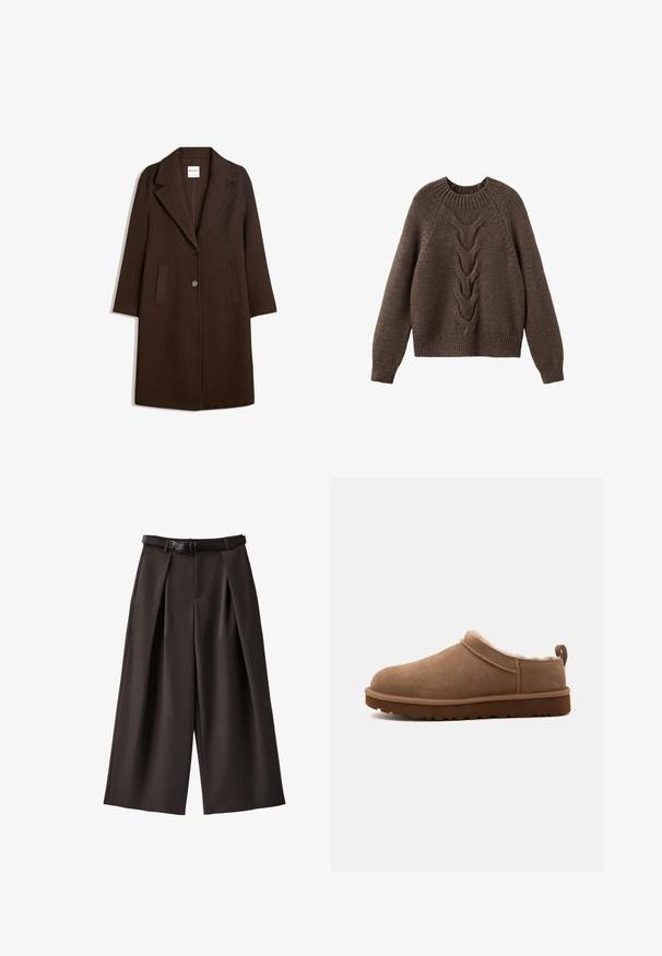 Long manteau en laine marron foncé avec de larges revers, deux poches avant et deux boutons au centre devant.; Pull en tricot marron avec un col rond, des manches longues et un motif en torsades sur le devant. Ourlets et poignets côtelés.; Pantalon large marron foncé coupé court avec plis et ceinture assortie sur fond uni.; Chausson marron en daim à enfiler, avec une doublure intérieure en peluche et une semelle épaisse à crampons, présenté de côté sur un fond uni.