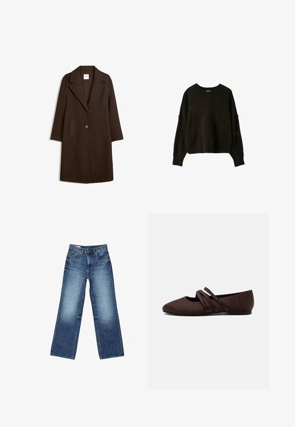 Long manteau en laine marron foncé avec de larges revers, deux poches avant et deux boutons au centre devant.; Pull noir en maille à manches longues avec encolure ronde et poignets et ourlet côtelés, présenté sur fond blanc uni.; Jean en denim bleu avec une taille haute, une fermeture à boutons et glissière à l'avant, des poches avant et arrière, et un lavage légèrement délavé.; Chaussure plate marron avec un bout pointu et deux fines brides croisées sur le cou-de-pied, détails de couture visibles et petit talon.
