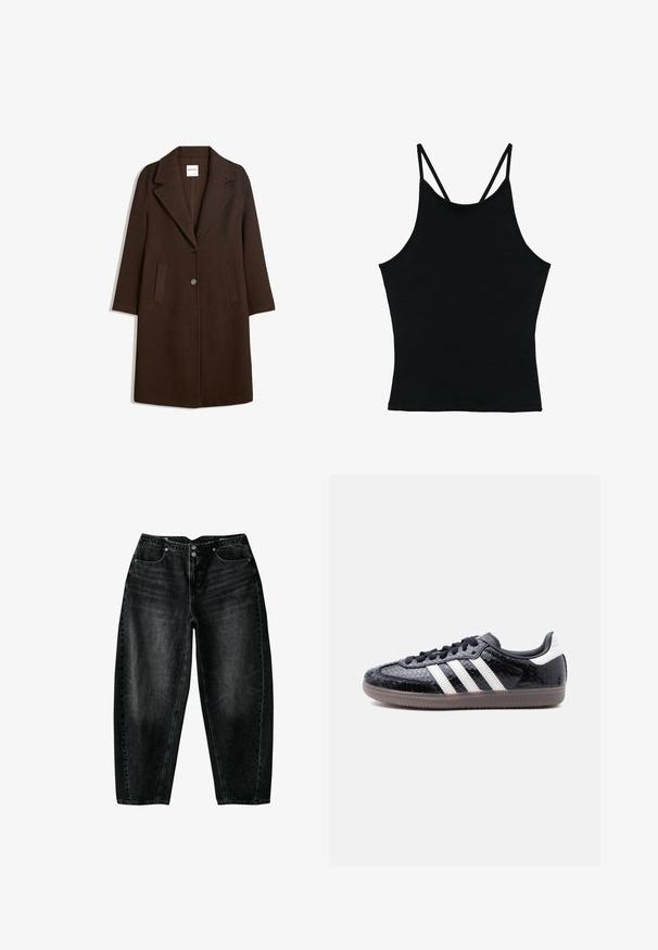 Long manteau en laine marron foncé avec de larges revers, deux poches avant et deux boutons au centre devant.; Débardeur noir sans manches avec fines bretelles doubles et encolure ronde, présenté à plat sur un fond blanc.; Jean en denim noir délavé avec une taille haute, fermeture par bouton et fermeture éclair, et poches avant, posé à plat sur fond blanc.; Baskets noires profilées avec motif en relief imitation peau de serpent, bandes blanches sur le côté, lacets noirs et semelle translucide marron.