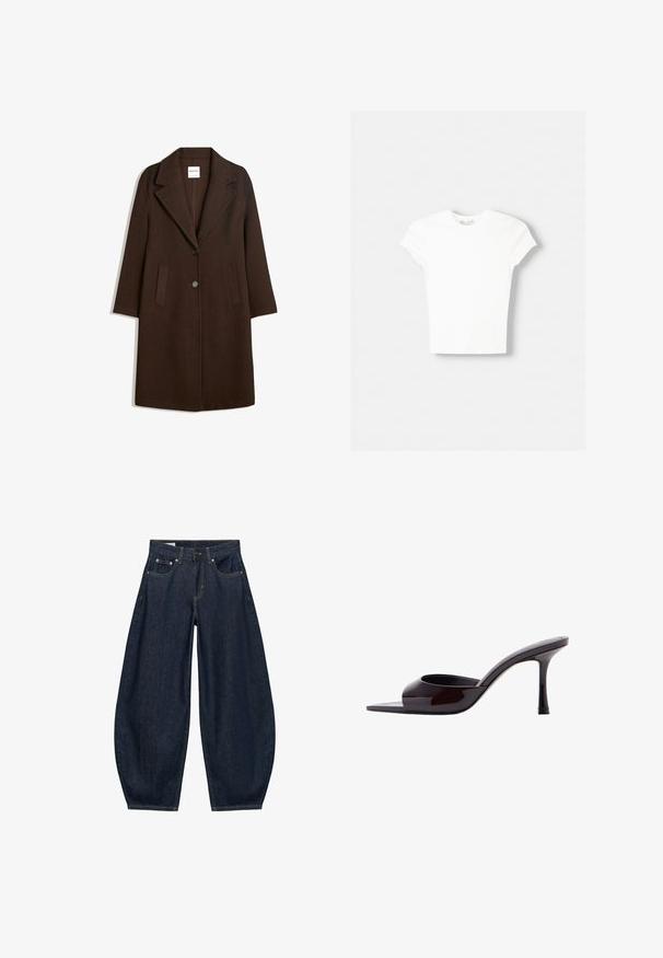 Long manteau en laine marron foncé avec de larges revers, deux poches avant et deux boutons au centre devant.; T-shirt blanc à manches courtes en coton doux, avec un col rond et une coupe ajustée. Pas de motifs ni d'ornements visibles.; Jean en denim bleu foncé à jambes larges avec poches avant, passants de ceinture et fermeture par bouton à la taille.; Mule en cuir verni noir à bout ouvert avec un talon stiletto fin de hauteur moyenne et une bride supérieure basse.