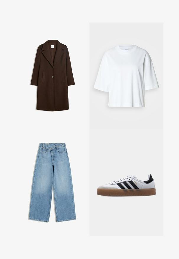 Long manteau en laine marron foncé avec de larges revers, deux poches avant et deux boutons au centre devant.; T-shirt blanc court à manches courtes, col rond, en coton doux, avec un design simple et épuré.; Jean en denim bleu clair à jambes larges avec fermeture à boutons sur le devant, passants de ceinture et design cinq poches, posé à plat sur fond blanc.; Baskets en cuir blanc avec des rayures noires, semelle extérieure en caoutchouc beige, bout rond, fermeture lacée et embout en suède gris doux.