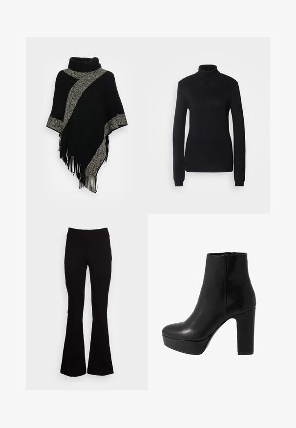 Zwarte poncho met een hoge halslijn, voorzien van een diagonale lichtgrijze geweven streep en franjes aan de randen. Gemaakt van zachte, gestructureerde stof.; Zwarte coltrui van een zachte brei-stof, met lange mouwen en een aansluitende pasvorm, voorzien van een geribbelde kraag en zoom.; Zwarte flared broek van rekbaar materiaal met een hoge tailleband. Bevat stiksel details, een gladde textuur en uitlopende benen.; Zwarte leren enkellaars met een hoge blokhak en platform. Gladde textuur, eenvoudig ontwerp en een ritssluiting aan de achterkant.