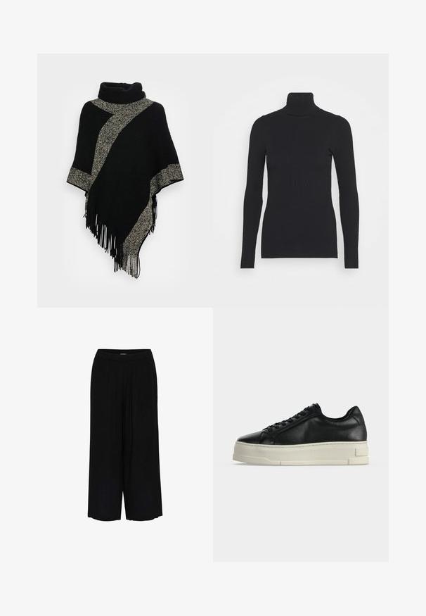 Schwarzer Poncho mit hohem Kragen, ausgestattet mit einem diagonalen, hellgrauen, gewebten Streifen und fransigen Kanten. Hergestellt aus weichem, strukturiertem Stoff.; Schwarzer gerippter Rollkragenpullover, der lange Ärmel und eine figurbetonte Silhouette bietet. Die Textur ist glatt mit einem horizontalen Rippenmuster.; Schwarze Hosen mit weitem Bein, elastischem Bund und dezenten Falten vorne.; Schwarzer Leder-Sneaker mit niedrigem Schaft, dicker weißer Plateausohle und schwarzen Schnürsenkeln auf einfachem hellem Hintergrund.