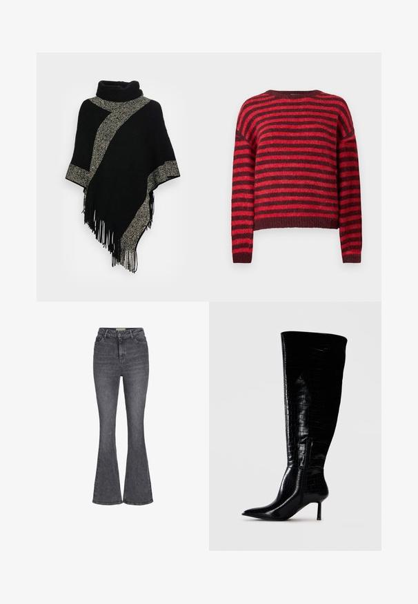 Sort poncho med høj hals, der har en diagonal lys grå vævet stribe og frynser i kanten. Lavet af blødt, tekstureret stof.; Rød og mørkerød stribet sweater, rund halsudskæring, lange ærmer, blød tekstur, ribbet kant, cropped design.; Høj talje flared jeans i mørk grå denim, med et klassisk fem-lomme design, knaplukning og let falmede detaljer.; Støvler i sort læder til knæene med en blank, krokodillemønster-finish. Spids tå og tynd hæl; har en sidelukning med lynlås.