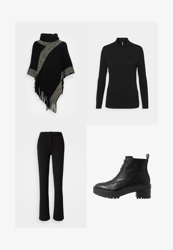 Poncho negro con un cuello alto, que presenta una franja tejida diagonal en gris claro y bordes con flecos. Elaborado con una tela suave y texturizada.; Top negro de manga larga y cuello alto, hecho de una tela suave con un corte holgado y un diseño de cuello drapeado, que presenta una textura suave.; Pantalones negros confeccionados en una tela suave, con un diseño de pierna recta, bolsillos frontales y una cintura estándar con un pasador para cinturón.; Bota negra de cuero hasta el tobillo con cierre de cremallera lateral, tacón grueso negro y suela texturizada para una mejor tracción. Acabado liso con acentos mínimos.