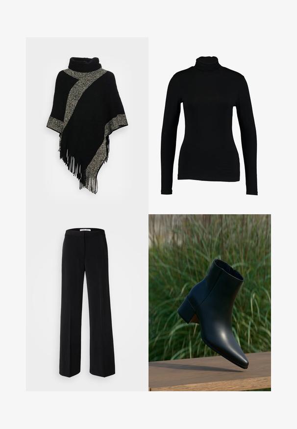 Schwarzer Poncho mit hohem Kragen, ausgestattet mit einem diagonalen, hellgrauen, gewebten Streifen und fransigen Kanten. Hergestellt aus weichem, strukturiertem Stoff.; Schwarzes Langarm-Turtleneck-Top aus glattem Stoff, mit taillierter Passform und hohem Kragen, geeignet zum Layering oder als eigenständiges Kleidungsstück.; Schwarze, weite Hosen mit glatter Textur, ausgestattet mit einem taillierten Bund und minimalistischem Design. Keine sichtbaren Muster oder Akzente.; Schwarzer Leder-Knöchelboot mit Blockabsatz, spitze Spitze, dargestellt über einer Holzoberfläche mit grünem, verschwommenem Gras-Hintergrund.