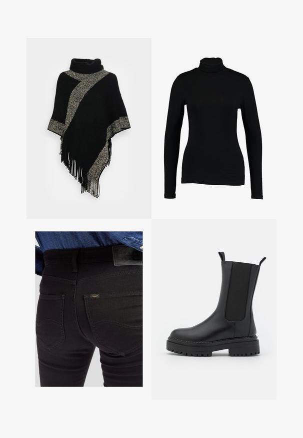 Poncho negro con un cuello alto, que presenta una franja tejida diagonal en gris claro y bordes con flecos. Elaborado con una tela suave y texturizada.; Top negro de manga larga con cuello alto hecho de tela suave, con un diseño ajustado y un cuello alto, adecuado para usar en capas o como prenda independiente.; Primer plano de una persona que lleva vaqueros negros Lee con bolsillos traseros visibles, trabillas para cinturón y una camisa vaquera azul metida dentro.; RAID CHERISH - Botas con plataforma - black