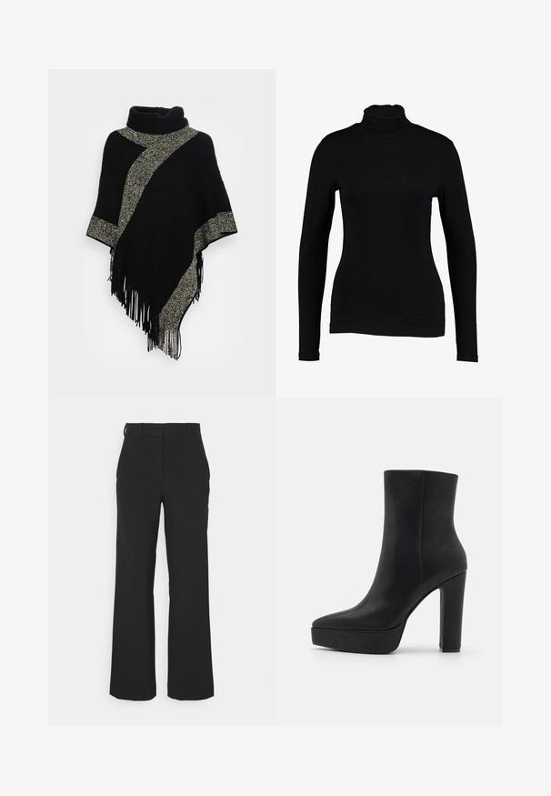 Sort poncho med høj hals, der har en diagonal lys grå vævet stribe og frynser i kanten. Lavet af blødt, tekstureret stof.; Sort langærmet turtleneck top lavet af glat stof, med et tætsiddende design og høj hals, velegnet til lag-på-lag brug eller som en selvstændig beklædningsgenstand.; Sorte wide-leg bukser lavet af et glat materiale, med flad front, bæltestropper og uden synlige metaldele eller mønstre.; Sort ankelstøvle lavet af tekstureret læder med en spids snude, en chunky plateau og en høj blokhæl. Glat overflade, minimal detaljering.