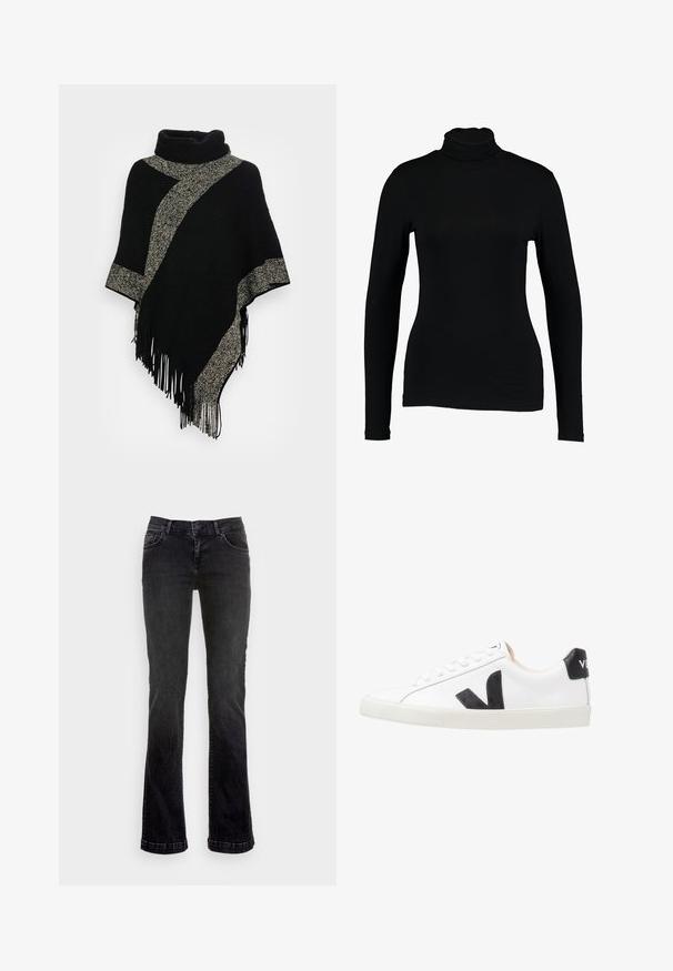 Zwarte poncho met een hoge halslijn, voorzien van een diagonale lichtgrijze geweven streep en franjes aan de randen. Gemaakt van zachte, gestructureerde stof.; Zwart lange mouw turtleneck top van gladde stof, met een aansluitend ontwerp en hoge hals, geschikt voor layering of als standalone kleding.; Zwarte denim flare jeans met een klassiek vijfzakkenontwerp, voorzien van een knoop- en ritssluiting en subtiele stikdetails.; Witte sneaker met een zwart V-logo, voorzien van een gladleren bovenwerk, ronde neus, vetersluiting en een contrasterende zwarte hieltab.
