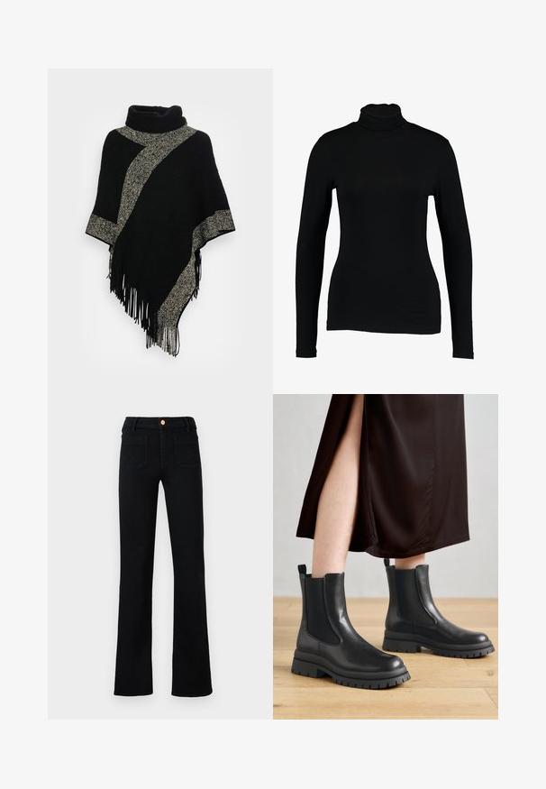 Poncho noir à col haut, avec une rayure tissée diagonale gris clair et des bords frangés. Fabriqué en tissu doux et texturé.; T-shirt noir à manches longues et col roulé en tissu lisse, avec une coupe ajustée et un col haut, idéal pour les superpositions ou à porter seul.; Jean droit noir taille haute avec poches avant plaquées et fermeture à bouton en cuivre sur un fond neutre.; Bottines en cuir noir avec panneaux latéraux élastiques, semelles en caoutchouc épaisses et languettes de tirage au talon ; portées avec une robe midi marron foncé.
