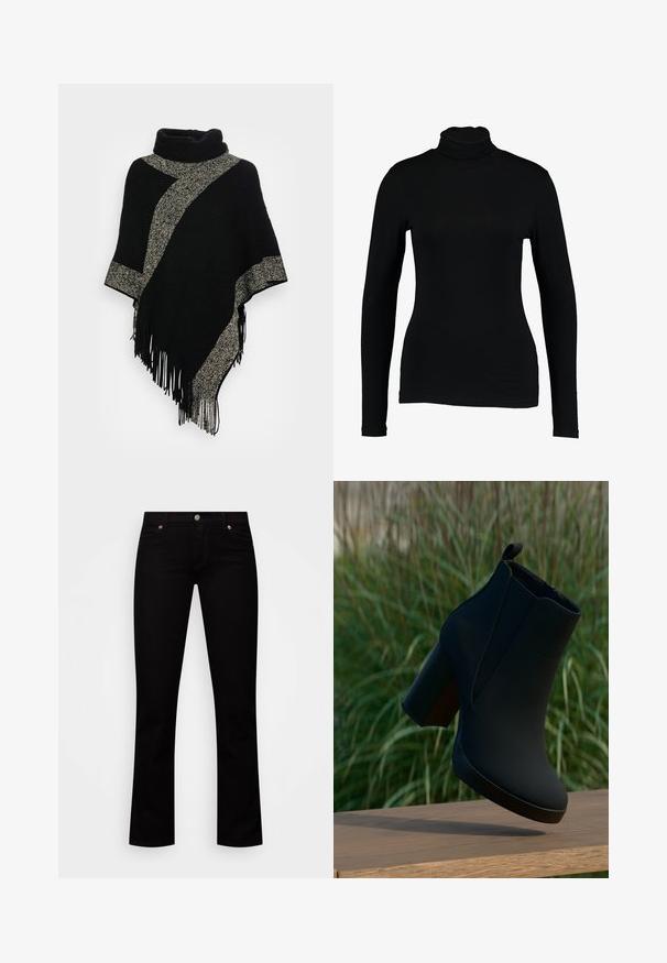 Sort poncho med høj hals, der har en diagonal lys grå vævet stribe og frynser i kanten. Lavet af blødt, tekstureret stof.; Sort langærmet turtleneck top lavet af glat stof, med et tætsiddende design og høj hals, velegnet til lag-på-lag brug eller som en selvstændig beklædningsgenstand.; Sorte jeans lavet af denim med en slim fit, fem-lomme design, knaplukning og subtile kobberdetaljer på nitterne.; Sort ankelstøvle lavet af glat materiale, med en blokhæl og subtile syningsdetaljer. Designet er slankt med en lynlås foran.