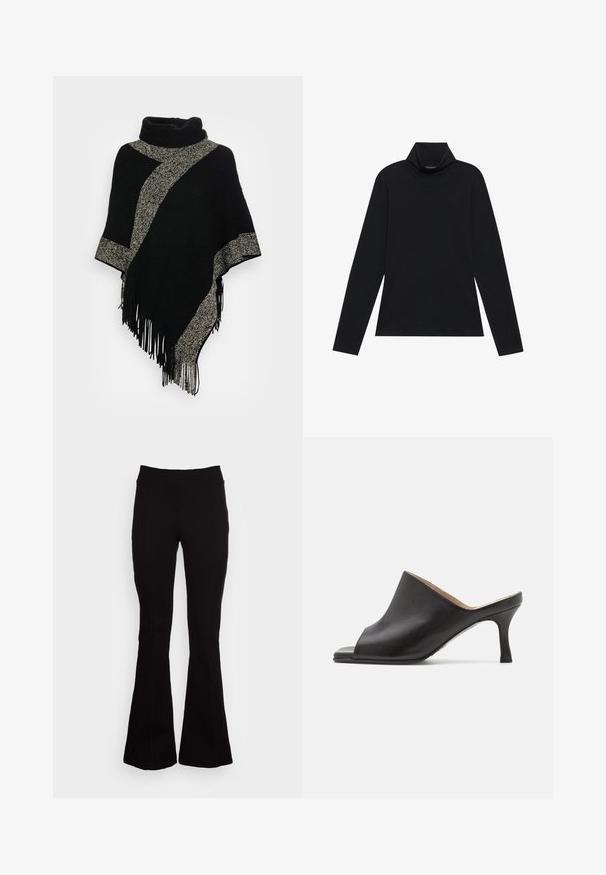 Sort poncho med høj hals, der har en diagonal lys grå vævet stribe og frynser i kanten. Lavet af blødt, tekstureret stof.; Sort turtleneck med lange ærmer. Blødt stof, tætsiddende design, høj krave og sidesøm. Simpel og alsidig stil, der er velegnet til lag-på-lag.; Sorte flagrende bukser lavet af strækbart stof med en høj talje. Har stikninger, glat tekstur og flagrende ben.; Selected ASHLEY - Mules med hæl - black