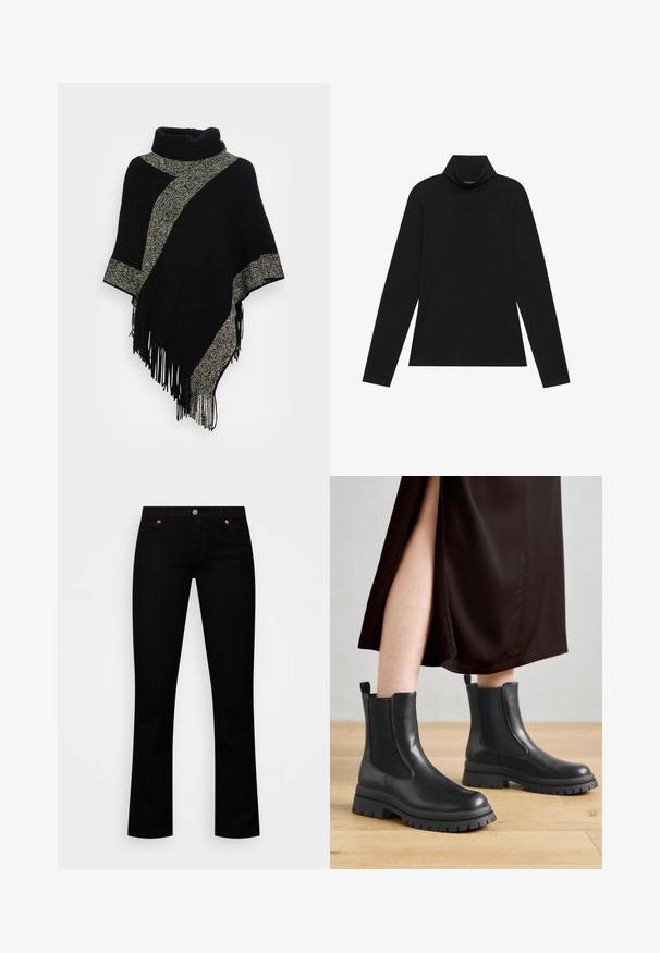 Schwarzer Poncho mit hohem Kragen, ausgestattet mit einem diagonalen, hellgrauen, gewebten Streifen und fransigen Kanten. Hergestellt aus weichem, strukturiertem Stoff.; Schwarzes langärmeliges Rollkragenshirt. Weicher Stoff, enganliegendes Design, hoher Kragen und seitliche Nähte. Schlichter und vielseitiger Stil, der sich gut für das Layering eignet.; Schwarze Jeans aus Denim, mit schlanker Passform, fünf Taschen, Knopfverschluss und dezenten Kupferakzenten an den Nieten.; Schwarze Leder-Stiefeletten mit elastischen Seitenpaneelen, groben Gummisohlen und Laschen an der Ferse; kombiniert mit einem dunkelbraunen Midikleid.