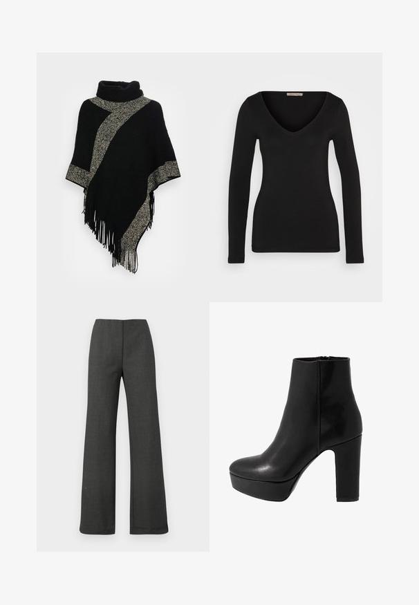 Schwarzer Poncho mit hohem Kragen, ausgestattet mit einem diagonalen, hellgrauen, gewebten Streifen und fransigen Kanten. Hergestellt aus weichem, strukturiertem Stoff.; Schwarzes, langärmliges V-Ausschnitt-Oberteil aus weichem, elastischem Stoff. Hat eine figurbetonte Silhouette und einen sauberen Saum, ohne zusätzliche Verzierungen.; Graue Hosen mit weitem Bein und glatter Textur, ausgestattet mit einem hohen Bund und ohne sichtbare Verschlüsse oder Taschen.; Schwarze Lederknöchelstiefel mit einem hohen Blockabsatz und Plateau. Glatte Textur, einfaches Design und ein Reißverschluss hinten.