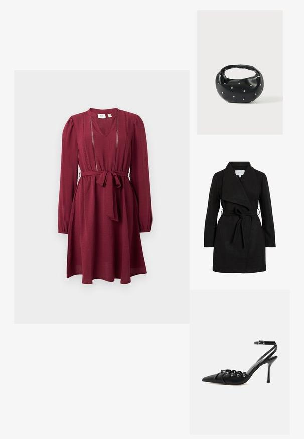 Čierny trench coat s prekrývajúcim dizajnom, veľkým golierom, opaskom v páse a dvoma bočnými vreckami. Vyrobený z textúrneho materiálu pre teplo a štýl.; Burgunská šaty s dlhými rukávmi, výstrihom do V, zúženým pásom a opaskom; obsahujú jemné prešívanie pozdĺž výstrihu. Hladká textúra tkaniny.; Čierne lodičky na vysokom opätku s špicatou špičkou, zvlnenými okrajmi, kovovými očkami, šnurovaním vpredu a remienkom na členku so sponou.; Čierna kožená kabelka s zaobleným tvarom, zdobená striebornými cvočkami a krátkym rúčkou. Hladká textúra a zapínanie na zips.