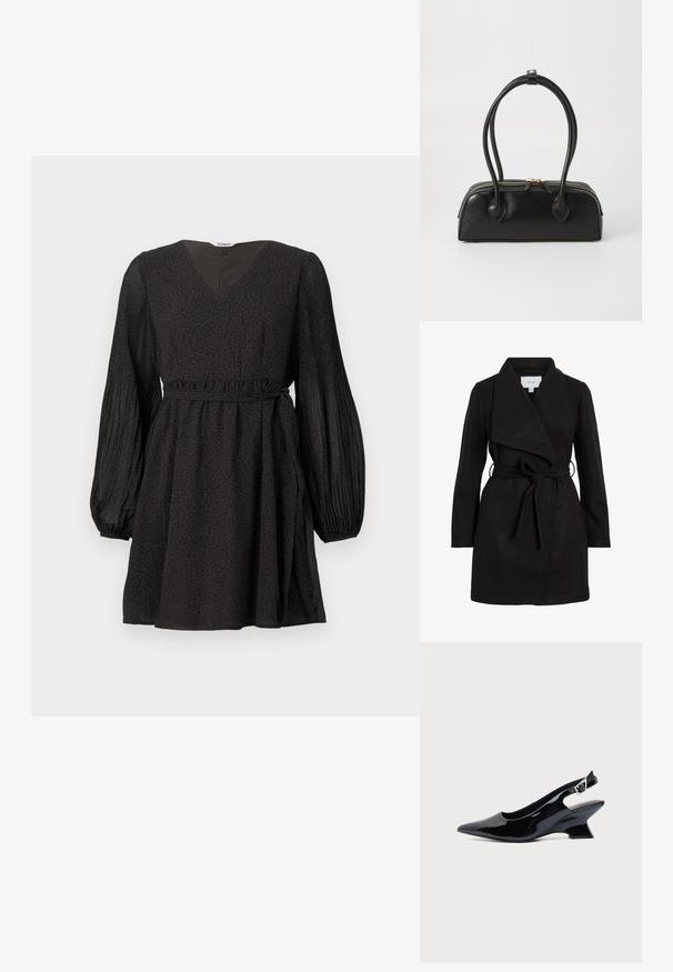 Zwarte trenchcoat met een wikkelontwerp, oversized kraag, ceintuurtje in de taille en twee zijzakken. Gemaakt van textiel met structuur voor warmte en stijl.; Zwarte jurk met een V-hals, lange pofmouwen, een geplooide taille en een subtiel luipaardpatroon. Gemaakt van lichtgewicht textuurstof.; Zwarte lakleren slingback schoen met spitse neus en lage schuine blokhak op een effen lichte achtergrond.; Zwarte leren handtas met twee verlengde handvatten, ritsluiting en ronde vorm; gladde textuur met subtiele glanzende afwerking.
