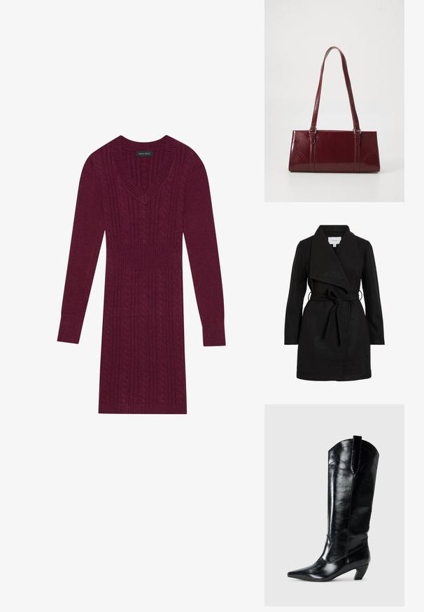 Zwarte trenchcoat met een wikkelontwerp, oversized kraag, ceintuurtje in de taille en twee zijzakken. Gemaakt van textiel met structuur voor warmte en stijl.; Bordeaux gebreide jurk met een V-hals, lange mouwen, geribde manchetten en een kabelpatroon over de hele jurk. Aansluitend ontwerp rond de taille.; Zwarte leren kniehoge laarzen met een spitse neus, lage hak en decoratieve stiksels aan de zijkanten. Gladde glanzende afwerking.; Bourgondische handtas van glanzend materiaal, rechthoekige vorm, met twee schouderbanden en subtiele gebogen accenten aan de voorkant.