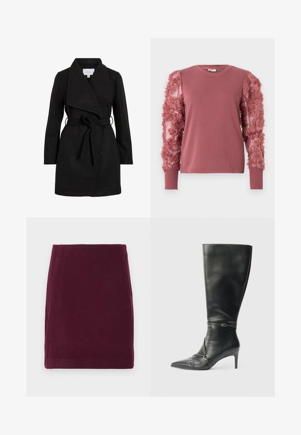 Zwarte trenchcoat met een wikkelontwerp, oversized kraag, ceintuurtje in de taille en twee zijzakken. Gemaakt van textiel met structuur voor warmte en stijl.; Roze sweater met aansluitende pasvorm en doorschijnende mouwen versierd met textuur bloemen. Geribbelde manchetten en halslijn.; Vero Moda VMFORTUNALLISON SHORT - A-lijn rok - winetasting; Zwarte leren kniehoge laarzen met een slanke hak, puntige neus en banddetail bij de enkel. Gladde textuur en aansluitend ontwerp.