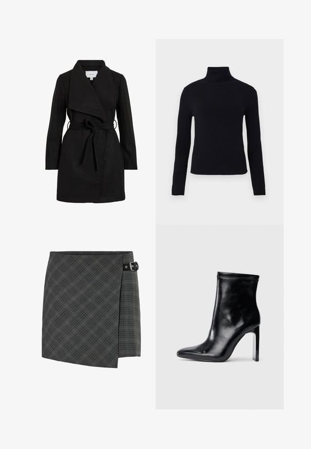 Čierny trench coat s prekrývajúcim dizajnom, veľkým golierom, opaskom v páse a dvoma bočnými vreckami. Vyrobený z textúrneho materiálu pre teplo a štýl.; Čierny rolák s dlhými rukávmi, hladká textura, priliehavý strih a hrubý rebrovaný golier, vhodný na vrstvenie.; Tmavošedá károvaná vlnená sukňa s čiernym prackovým detailom na pravej strane, rovný spodný okraj a jemný diagonálny vzor.; Čierne kožené členkové čižmy s špicatou špičkou a vysokým priehľadným opätkom. Hladká textúra a minimálne šitie na vrchu.