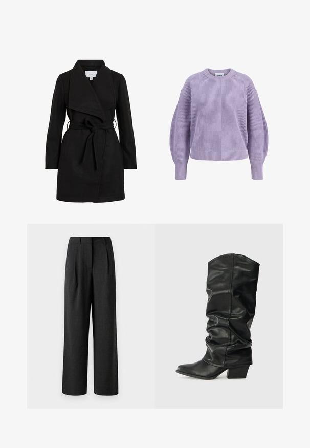 Zwarte trenchcoat met een wikkelontwerp, oversized kraag, ceintuurtje in de taille en twee zijzakken. Gemaakt van textiel met structuur voor warmte en stijl.; Lila paarse gebreide trui met ballonmouwen, geribbelde manchetten, zoom en ronde hals, afgebeeld tegen een witte achtergrond.; Zwarte wijdvallende broek van textuurstof, met voorplooien en een op maat gemaakte tailleband, ontworpen voor een losse pasvorm.; Zwarte leren laarzen tot de knie met een verslonden ontwerp, puntige neus en een chunky hak, voorzien van een zachte textuur en minimale stiksels.