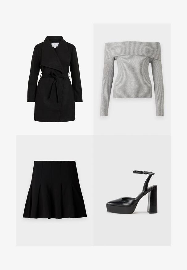 Zwarte trenchcoat met een wikkelontwerp, oversized kraag, ceintuurtje in de taille en twee zijzakken. Gemaakt van textiel met structuur voor warmte en stijl.; Grijze geribde trui met een off-the-shoulder ontwerp, lange mouwen en een getailleerde pasvorm. Gemaakt van gestructureerde brei stof.; Zwarte korte geplooide rok gemaakt van een gladde stof. Heeft een elastische tailleband en een uitlopende silhouette die tot halverwege de dij komt.; Zwarte plateauhakken met een puntige neus en verstelbare enkelband. Gemaakt van soepel leer, met een robuuste blokhak.