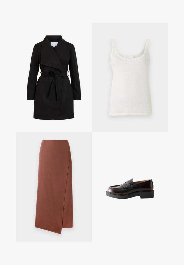 Zwarte trenchcoat met een wikkelontwerp, oversized kraag, ceintuurtje in de taille en twee zijzakken. Gemaakt van textiel met structuur voor warmte en stijl.; Witte katoenen tanktop met dunne bandjes, met een ronde hals en een licht doorschijnende textuur. De zoom is recht zonder extra accenten.; Bruine, lange wikkelrok van een soepel stof met een rechte silhouet. Heeft een zijsplit voor gemakkelijke beweging. Eenvoudig ontwerp zonder patronen.; Donkerbruine leren loafer met pennyriem, stiksel detail en dikke zwarte rubberen zool, zijaanzicht op een witte achtergrond.