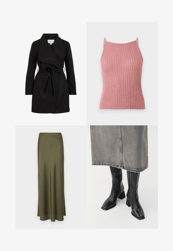 Čierny trench coat s prekrývajúcim dizajnom, veľkým golierom, opaskom v páse a dvoma bočnými vreckami. Vyrobený z textúrneho materiálu pre teplo a štýl.; Ružový rebrovaný pletený tielkový top s tenkými ramienkami a rovným výstrihom na jednofarebnom pozadí.; Maxi sukňa z olivovo zelenej saténovej látky s rozšíreným strihom, bočnými rozparkami a švovým detailom. Má elastický pás pre pohodlie.; Čierne kožené čižmy po kolená s hranatou špičkou a blokovým podpätkom. Nosené s sivou džínsovou sukňou s rozstrapkaným lemom.