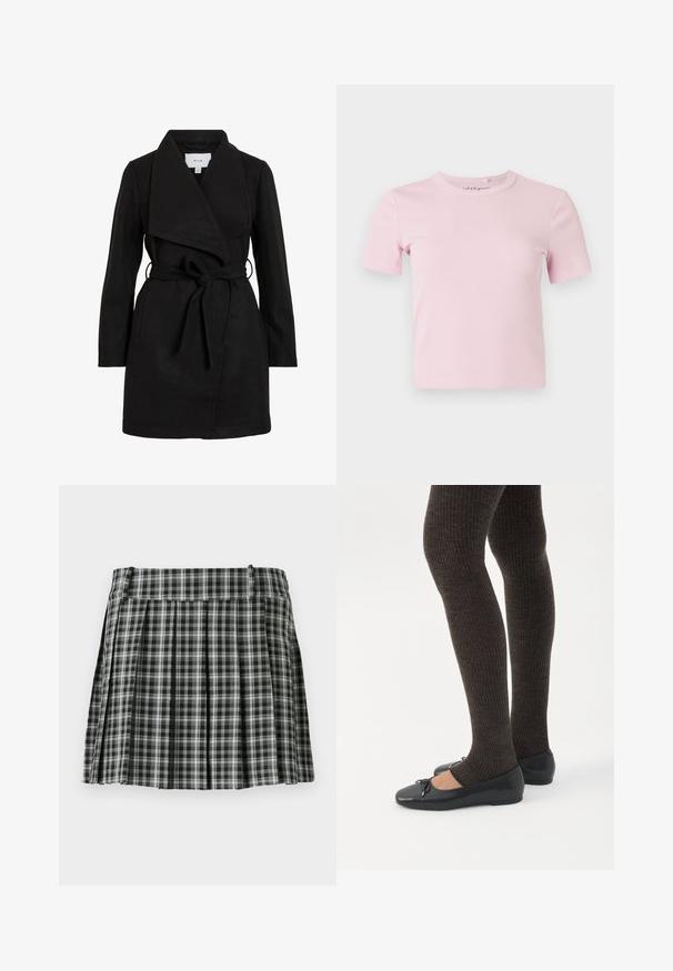 Čierny trench coat s prekrývajúcim dizajnom, veľkým golierom, opaskom v páse a dvoma bočnými vreckami. Vyrobený z textúrneho materiálu pre teplo a štýl.; Svetloružové krátke rukávy rebrované tričko s okrúhlym výstrihom a priliehavým strihom. Tkanina má jemnú textúru a minimalizované detaily.; Čiernobiela károvaná plisovaná sukňa s hladkým pásom a viacerými vertikálnymi záhybmi. Vyrobená z ľahkého materiálu.; Nohy v tmavých pásikavých legínach v kombinácii s čiernymi balerínkami s malými mašličkami na bielom pozadí.