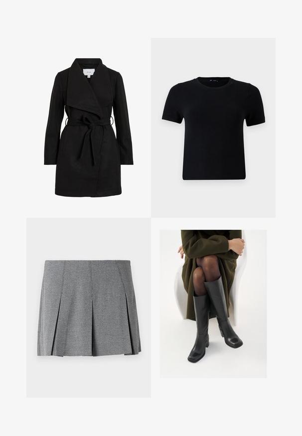 Schwarzer Trenchcoat mit Wickeldesign, übergroßem Kragen, tailliertem Gürtel und zwei Seitentaschen. Hergestellt aus strukturiertem Stoff für Wärme und Stil.; Schwarzes T-Shirt mit kurzen Ärmeln und rundem Halsausschnitt, gefertigt aus weichem Stoff. Besitzt eine klassische Passform und ein sauberes, simples Design.; Grauer, plissierter Minirock aus strukturiertem Stoff, mit Karomuster und geradem Schnitt sowie seitlichen Schlitzen.; Knöchelhöhe schwarze Lederstiefel mit quadrater Spitze und Blockabsatz, gezeigt mit einem Modell, das einen olivgrünen Mantel trägt. Glatte Textur, minimale Details.