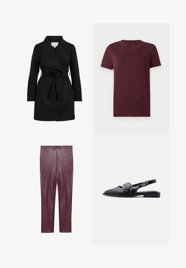 Zwarte trenchcoat met een wikkelontwerp, oversized kraag, ceintuurtje in de taille en twee zijzakken. Gemaakt van textiel met structuur voor warmte en stijl.; Bordeaux T-shirt van zachte katoen, met een ronde hals, korte mouwen en een relaxte pasvorm, met een gladde textuur en zonder zichtbare patronen.; Bordeaux nep leren leggings met een gladde textuur, hoge taille en aansluitend ontwerp, dat tot aan de enkels reikt zonder extra details.; Zwarte leren slingback platte schoen met puntige neus, drie gespen en zilveren hardware op een witte achtergrond.