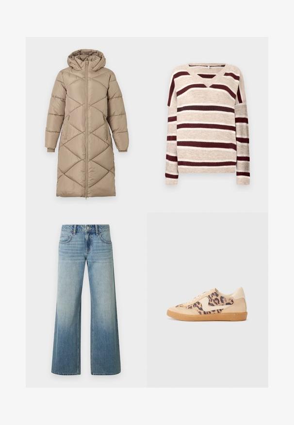 Manteau en duvet matelassé beige long avec capuche, fermeture éclair frontale complète, deux poches latérales zippées et poignets côtelés.; Pull en V beige avec des rayures rouge foncé et crème. Doté de manches longues et d'un ourlet côtelé. Texture douce et coupe décontractée.; Jean large bleu clair avec une finition délavée, doté d'une fermeture à boutons, de cinq poches et de détails cousus le long des coutures.; Baskets en imprimé léopard avec tige en suède beige, semelle en caoutchouc tan et accents blancs. Bout rond et design à lacets avec une finition texturée.
