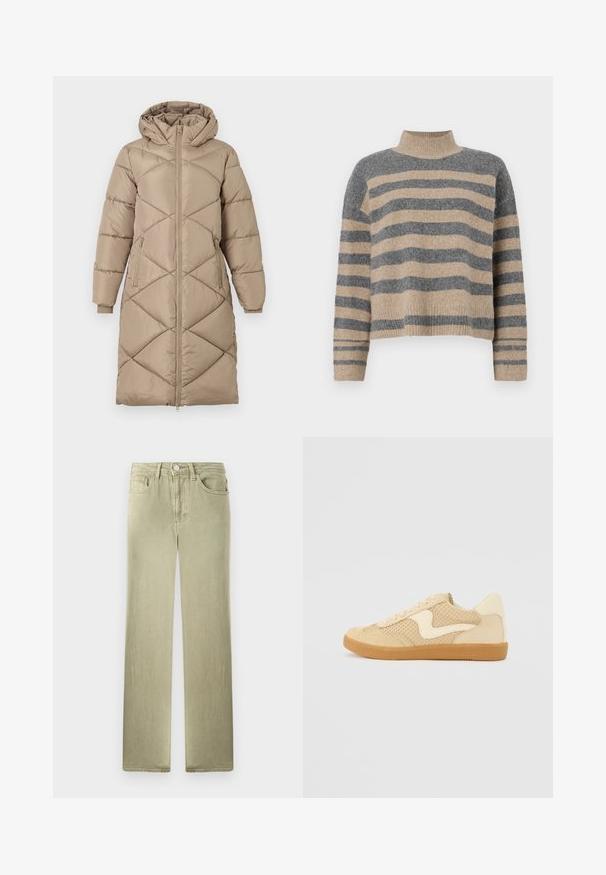 Langer beiger, gesteppten Puffer-Mantel mit Kapuze, durchgehendem Reißverschluss, zwei seitlichen Reißverschlusstaschen und gerippten Ärmelbündchen.; Gestreifter Strickpullover in Grau- und Beigetönen, mit hohem Kragen, breiten Bündchen an den Ärmeln und einer lockeren Passform im verkürzten Design.; Beige Jeans mit geradem Bein, Vorder- und Gesäßtaschen, Knopf- und Reißverschluss, vor weißem Hintergrund präsentiert.; Beige Sneaker aus Wildleder und Mesh-Materialien, runde Form, auffälliger gepolsterter Kragen und eine Sohle aus Gummi. Verfügt über ein wellenförmiges Design-Highlight.