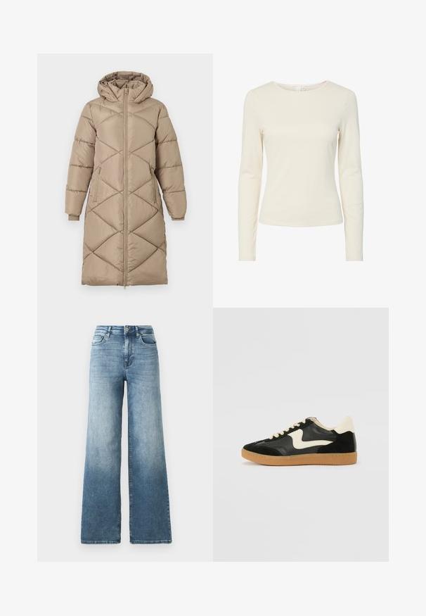 Manteau en duvet matelassé beige long avec capuche, fermeture éclair frontale complète, deux poches latérales zippées et poignets côtelés.; Chemise ajustée à manches longues de couleur crème, avec un col rond et une texture lisse, présentée sur un fond blanc.; Jean en denim à jambes larges dans un délavage bleu clair, avec une taille haute, un design à cinq poches et un léger dégradé sur le tissu. Fermeture classique à bouton en métal.; Baskets en daim et cuir noir avec un swoosh latéral crème et un talon crème clair. Dotées de lacets beige et d'une semelle en caoutchouc gomme.