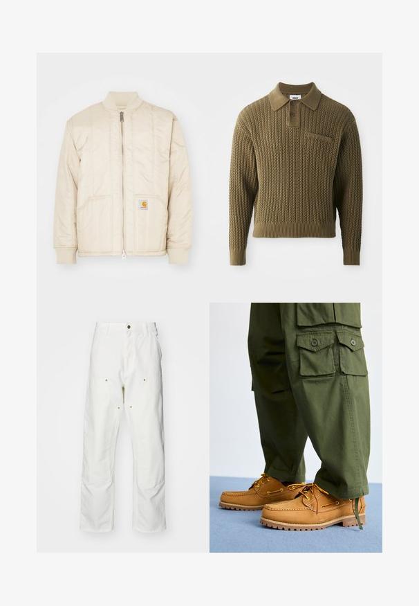 Light beige bomber jacket with a front zipper, ribbed collar and cuffs, two pockets, and vertical stitching patterns. Carhartt logo on pocket.; Knit sweater in olive green with a textured pattern, a collared neck, and three-button placket. Features ribbed cuffs and hem.; White cotton cargo pants with a relaxed fit. Features include front pockets, gold hardware accents, and reinforced knee sections.; Timberland AUTHENTIC 3 EYE - Boat shoes - wheat