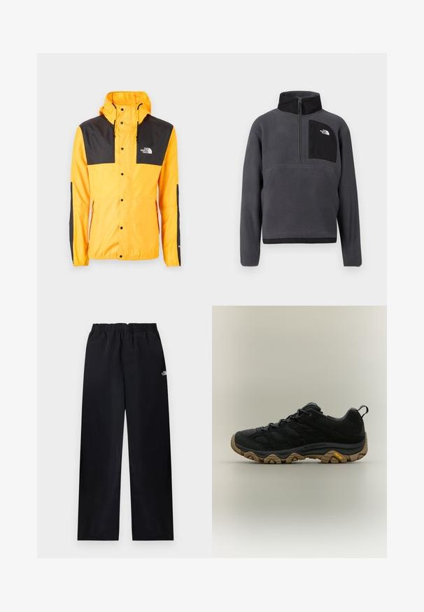 The North Face SEASONAL MOUNTAIN JACKET - Let jakke / Sommerjakker - summit gold/black; Mørkegrå fleece-pullover med høj krave, halvlængde lynlås foran og sort lynlåslomme på brystet med hvidt logo på højre side.; Sorte bukser med elastik i taljen og lige ben, med lille hvidt logo på øverste højre lår, vist fladt på lys baggrund.; Sort vandresko med brun tekstureret Vibram-sål og trækflig på hælen, vist i sideprofil på neutral baggrund.