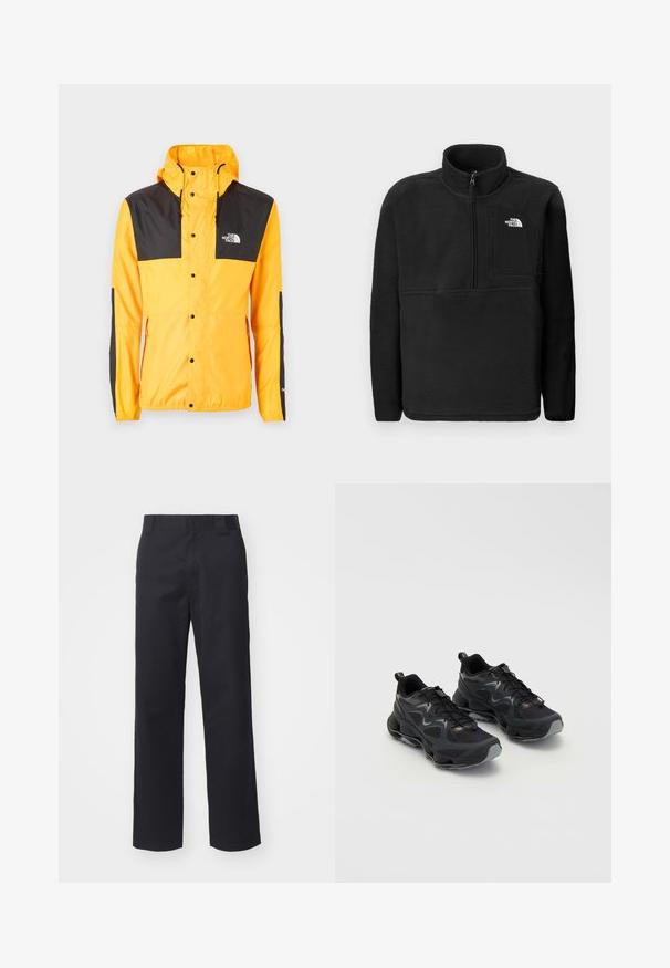 The North Face SEASONAL MOUNTAIN JACKET - Καλοκαιρινό μπουφάν - summit gold/black; Μαύρος φούτερ πόλο με ψηλό γιακά, μπροστινό μισό φερμουάρ και τσέπη στο αριστερό στήθος. Διαθέτει υφασμάτινη υφή και λογότυπο στην τσέπη.; Μαύρο παντελόνι με ίσια γραμμή, φτιαγμένο από ύφασμα βαμβακερού με μείγμα. Διαθέτει επίπεδη μέση με θηλιές ζώνης και χωρίς ορατές αξεσουάρ ή στολίδια.; Μαύρα αθλητικά παπούτσια με πλέγμα υφής στο πάνω μέρος, διαθέτουν χοντρή σόλα, κλείσιμο με κορδόνια και διακριτικές γκρίζες λεπτομέρειες.