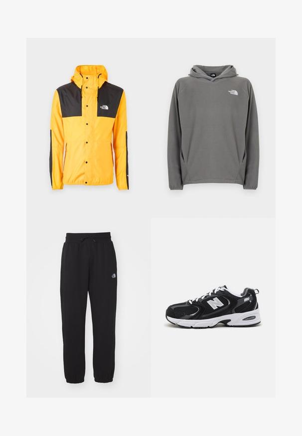 The North Face SEASONAL MOUNTAIN JACKET - Leichte Jacke - summit gold/black; Grauer Fleece-Kapuzenpullover mit Fronttasche, verstellbarem Kordelzug an der Kapuze und kleinem weißem Logo auf der linken Brustseite.; Schwarze Jogginghose aus weichem Stoff, mit einem elastischen Bund und Kordelzug, Bündchen an den Knöcheln und einem kleinen Logo am Oberschenkel.; Schwarze und graue Sportschuhe mit Obermaterial aus Mesh und Wildleder, ausgestattet mit einer weißen Zwischensohle, Schnürsenkeln und einem markanten "N"-Logo an der Seite.