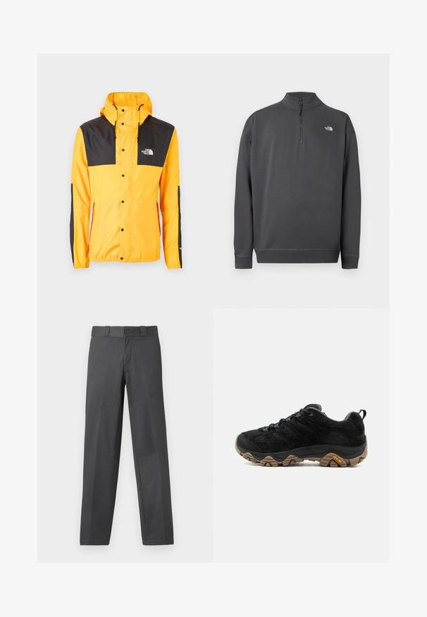 The North Face SEASONAL MOUNTAIN JACKET - Kevyt takki - summit gold/black; Tummanharmaa pitkähihaisen poolopaita, jossa neljänneksen vetoketjukaulus ja pieni valkoinen The North Face -logo vasemmassa rinnassa.; Harmaat housut sileästä kankaasta, suoran lahkeen muotoilu, nappisulku ja vyölenkit; minimaalinen saumaus eikä kuvioita.; Musta vaelluskengät, joissa kestävä ruskea Vibram-pohja, verkkovuori ja mokkanahkainen päällinen, nauhakiinnitys ja takalenkki, kuvattuna ulkopuolelta.
