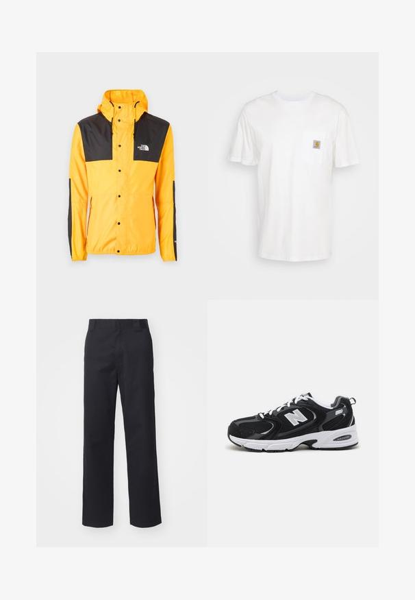 The North Face SEASONAL MOUNTAIN JACKET - Lichte jas - summit gold/black; Witte katoenen t-shirt met korte mouwen, een borstzak en een klein vierkant logo-opdruk in oranje en wit op de zak.; Zwarte rechte broek van een katoenmix. Heeft een platte tailleband met riemlussen en geen zichtbare hardware of versieringen.; Zwarte en grijze sport schoenen met een bovenwerk van mesh en suede, voorzien van een witte tussenzool, veters en een gedurfde "N"-logo aan de zijkant.
