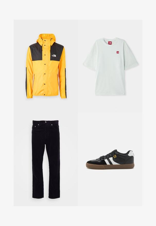 The North Face SEASONAL MOUNTAIN JACKET - Lichte jas - summit gold/black; Lichtgroene T-shirt met korte mouwen van zachte katoen, voorzien van een klein rood logo label op de linker borst. Ontspannen pasvorm en ronde halslijn.; Carhartt WIP NEWEL PANT - Broek - dark navy; Zwart-witte sneakers met een bovenwerk van suède en leer, voorzien van witte strepen, zwarte veters en een bruine rubberen zool. Gouden logo-accenten.