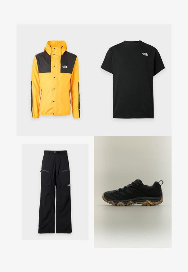 The North Face SEASONAL MOUNTAIN JACKET - Leichte Jacke - summit gold/black; Schwarzes kurzärmliges T-Shirt aus Baumwolle. Mit einem weißen Logo auf der linken Brust. Einfacher Schnitt mit rundem Ausschnitt und minimalen Designdetails.; Schwarze Outdoor-Hose mit verstellbarem Gürtel, zwei Reißverschlusstaschen an den Oberschenkeln und The North Face-Logo am rechten Bein.; Schwarzer Wanderschuh mit brauner, strukturierter Vibramsohle und Zuglasche an der Ferse, seitlich auf neutralem Hintergrund gezeigt.