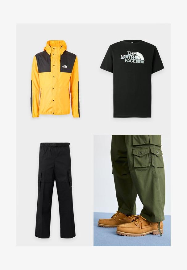 The North Face SEASONAL MOUNTAIN JACKET - Let jakke / Sommerjakker - summit gold/black; Sort T-shirt lavet af bomuld med et trykt logodesign i hvid og grå, korte ærmer og rund hals.; Sorte cargo-bukser med bred ben-design, justerbar talje med spænde og to sidelommer til opbevaring. Letvægtsstof.; Timberland AUTHENTIC 3 EYE - Sejlersko - wheat