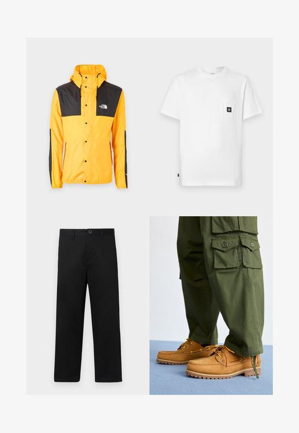 The North Face SEASONAL MOUNTAIN JACKET - Καλοκαιρινό μπουφάν - summit gold/black; Λευκό βαμβακερό μπλουζάκι με στρογγυλή λαιμόκοψη, κοντά μανίκια και τσέπη στο στήθος με μαύρο λογότυπο. Λείος υφασμάτινος ιστός, άνετη εφαρμογή.; Μαύρο βαμβακερό παντελόνι με ίσια γραμμή, που διαθέτει κανονική μέση, θηλιές ζώνης και κλείσιμο με ένα μόνο κουμπί. Λείος υφασμάτινος υφάσματος, χωρίς σχέδια.; Timberland AUTHENTIC 3 EYE - Παπούτσια για σκάφος - wheat