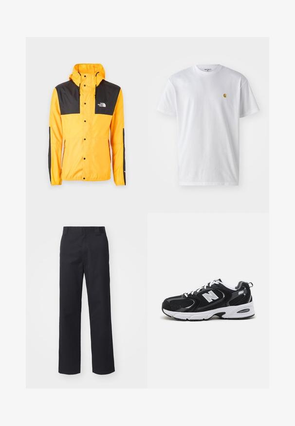 The North Face SEASONAL MOUNTAIN JACKET - Let jakke / Sommerjakker - summit gold/black; Hvid bomulds t-shirt med korte ærmer, rund hals og et lille guld logo på venstre brystområde. Blød tekstur og almindelig pasform.; Sorte lige benbukser lavet af bomuldsblandet stof. Har en flad frontbetræk med bæltesløjfer og ingen synlig hardware eller udsmykninger.; Sorte og grå sportssko med mesh og ruskind på overdelen, der har en hvid mellemsål, snørebånd og et iøjnefaldende "N" logo på siden.