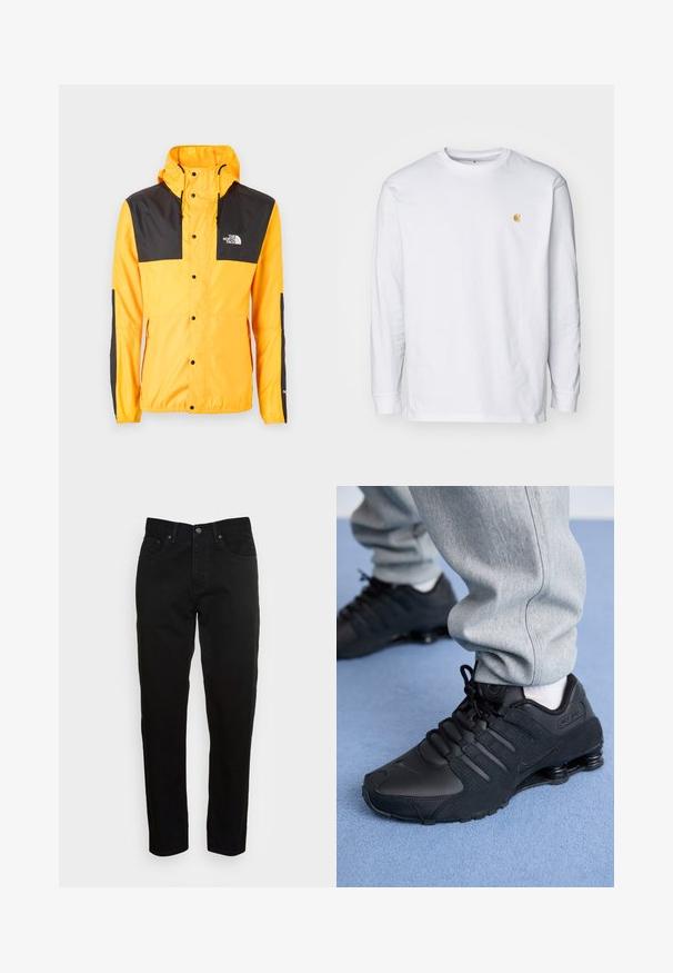 The North Face SEASONAL MOUNTAIN JACKET - Leichte Jacke - summit gold/black; Weißes Langarm-T-Shirt aus Baumwolle. Mit kleinem goldenem Logo auf der Brust und Rundhalsausschnitt. Einfaches Design und normale Passform.; Schwarze Slim-Fit-Jeans mit vorderem Knopfverschluss und fünf Taschen-Design, vor einem schlichten hellgrauen Hintergrund präsentiert.; Person in schwarzen Nike Shox Sneakers und grauen Jogginghosen, der auf einem hellblauen Teppich steht.