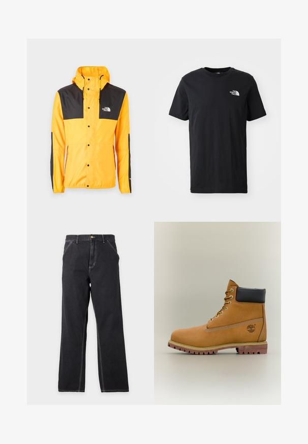 The North Face SEASONAL MOUNTAIN JACKET - Kevyt takki - summit gold/black; Musta puuvillapaita lyhyillä hihoilla, pyöreällä kaula-aukolla, jossa on pieni valkoinen logo vasemmassa rinnassa. Pehmeä rakenne, rento istuvuus.; Musta suoralahkeiset farkut, joissa on etutaskut, vyölenkit ja näkyvä valkoinen ommel yksivärisellä vaaleanharmaalla taustalla.; Ruskeat nahkaiset nilkkurit, joissa musta kaulus, keltaiset nauhat ja vaalea pohja. Varustettu logolla ja valkoisilla sauman yksityiskohdilla. Kestävä, pitävä ulkopohja.