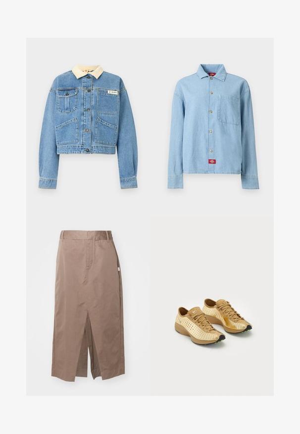 Veste en denim bleu clair avec col crème, cinq boutons devant, deux poches sur la poitrine et deux poches devant en bas, étiquette de la marque Columbia sur la poitrine.; Chemise en denim bleu clair à manches longues, boutons sur le devant, une poche poitrine, et une étiquette logo rouge près de l'ourlet inférieur.; Jupe en coton marron au design droit, dotée d'une fente avant, de poches latérales et d'une taille standard. Texture lisse et coutures adaptées.; Une paire de sneakers Nike Air beige et tan avec des détails perforés, des lacets et des semelles noires accentuées de petites taches vertes.