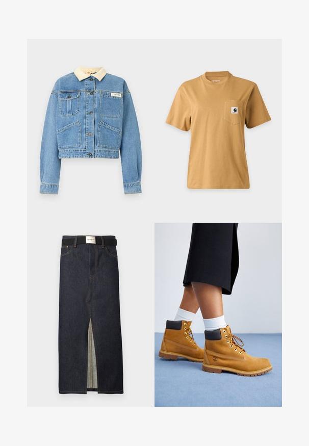Veste en denim bleu clair avec col crème, cinq boutons devant, deux poches sur la poitrine et deux poches devant en bas, étiquette de la marque Columbia sur la poitrine.; T-shirt marron uni à manches courtes avec une poche poitrine présentant un patch carré avec le logo de la marque, affiché sur un fond clair uni.; Jupe midi en denim bleu foncé avec une fente frontale. Dotée de coutures jaunes et d'une ceinture noire avec une boucle argentée. Design simple et droit.; Bottines en suede beige avec des accents en cuir marron, des œillets dorés et une semelle texturée. Chaussettes blanches visibles au-dessus des bottines.